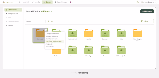 School photo folders interface showing various categorized folders like 6th Grade, Classroom, Sports, and more.