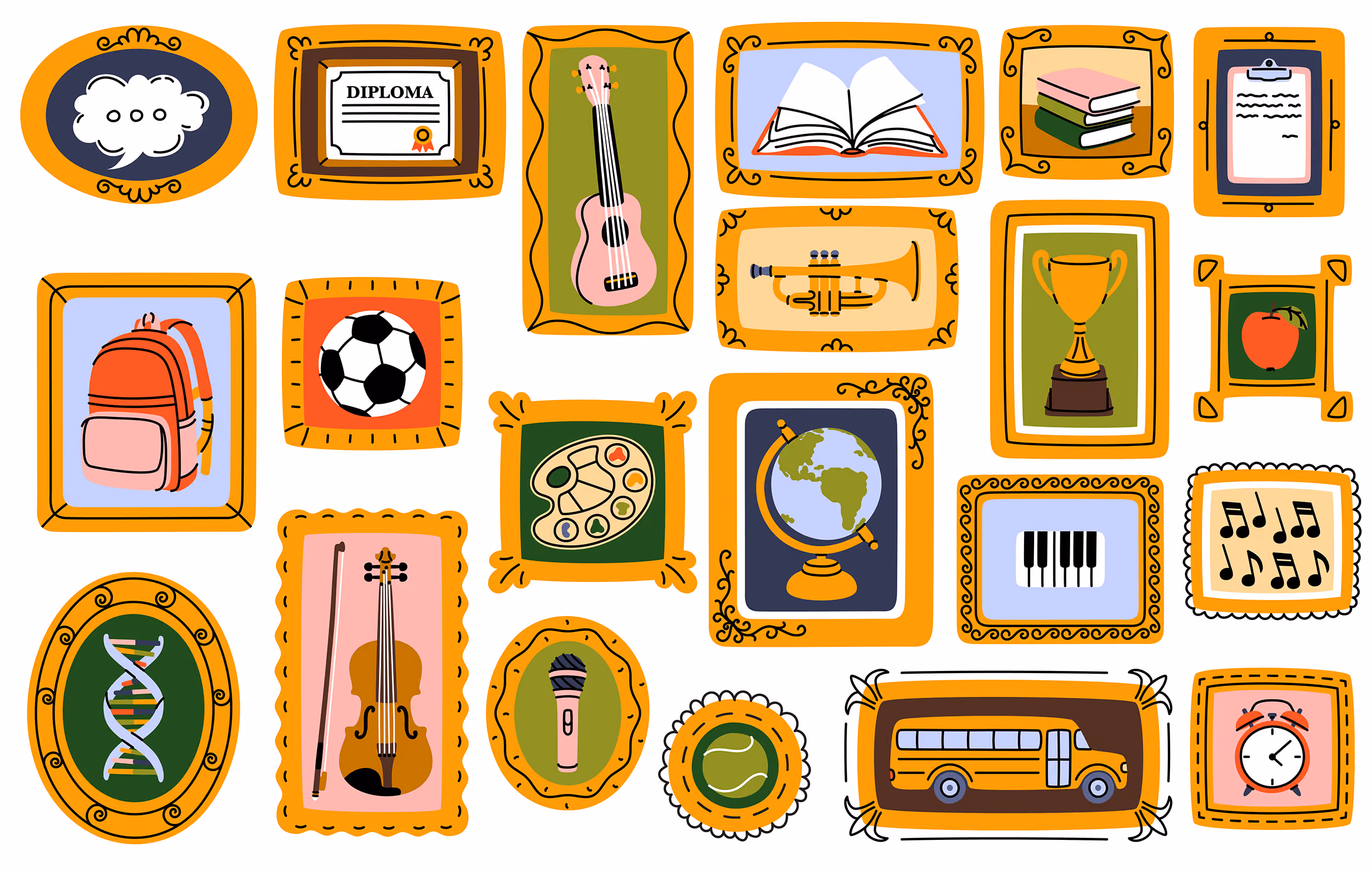 Framed icons of school themes including diploma, books, instruments, globe, trophy, and sports items.