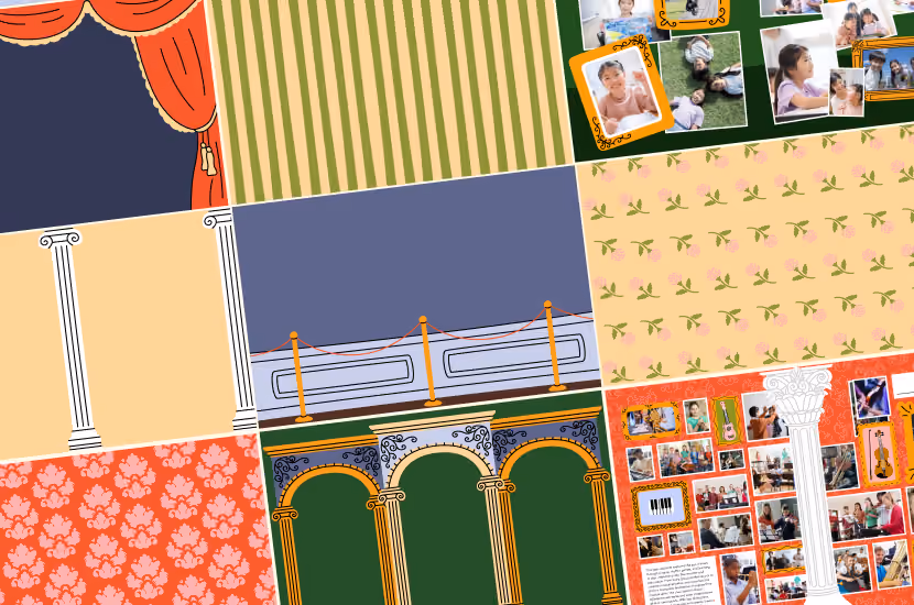 Collage of patterned backgrounds, architectural columns, and photo montage with people and musical instruments.