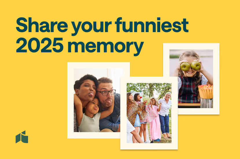 Text 'Share your funniest 2025 memory' with photos of playful family and friends making funny faces.