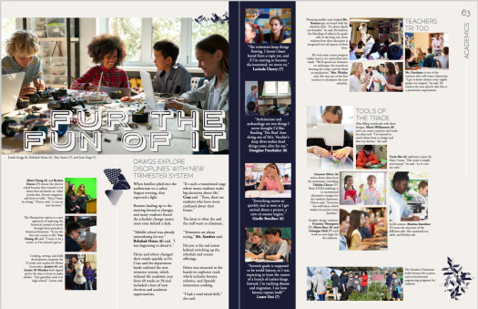 Collection of classroom photos on a yearbook spread