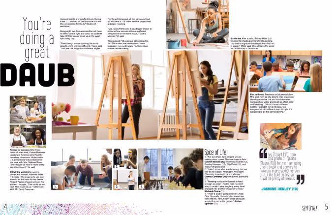 High school art students painting on easels and participating in group art activities in a classroom.