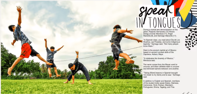 Five martial artists in a grassy field demonstrate mid-air moves during a martial arts demonstration.