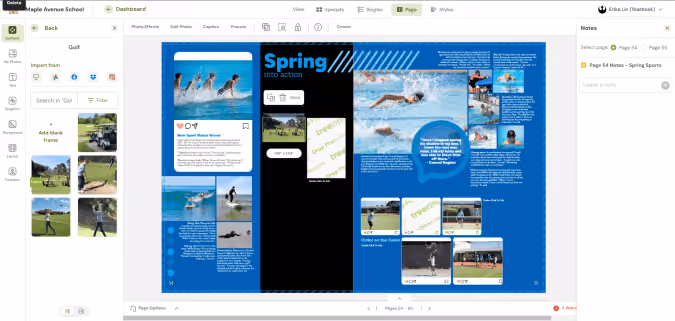Yearbook spread titled Spring into Action showing students surfing, swimming, and playing tennis.