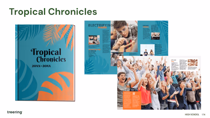 Yearbook cover and inside pages titled Tropical Chronicles with tropical leaves and photos of students cheering.