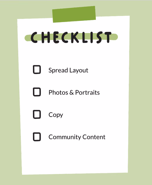 Checklist with unchecked items: Spread Layout, Photos & Portraits, Copy, Community Content on white paper.