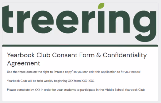 Yearbook Club Consent Form & Confidentiality Agreement with instructions to copy and schedule details.