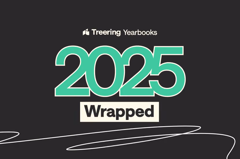 Treering Yearbooks 2025 Wrapped text on black background with white curved lines below.