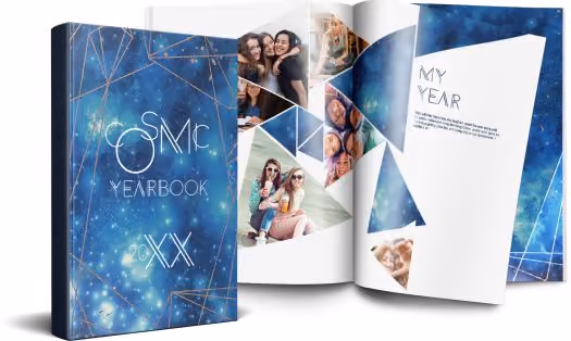 Blue cosmic-themed yearbook titled 'COSMIC YEARBOOK 20XX' with an open page showing photos and the text 'MY YEAR'.