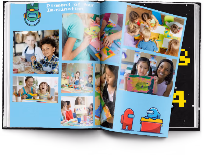 Open book spread showing kids engaged in creative art activities and colorful drawings on blue background.