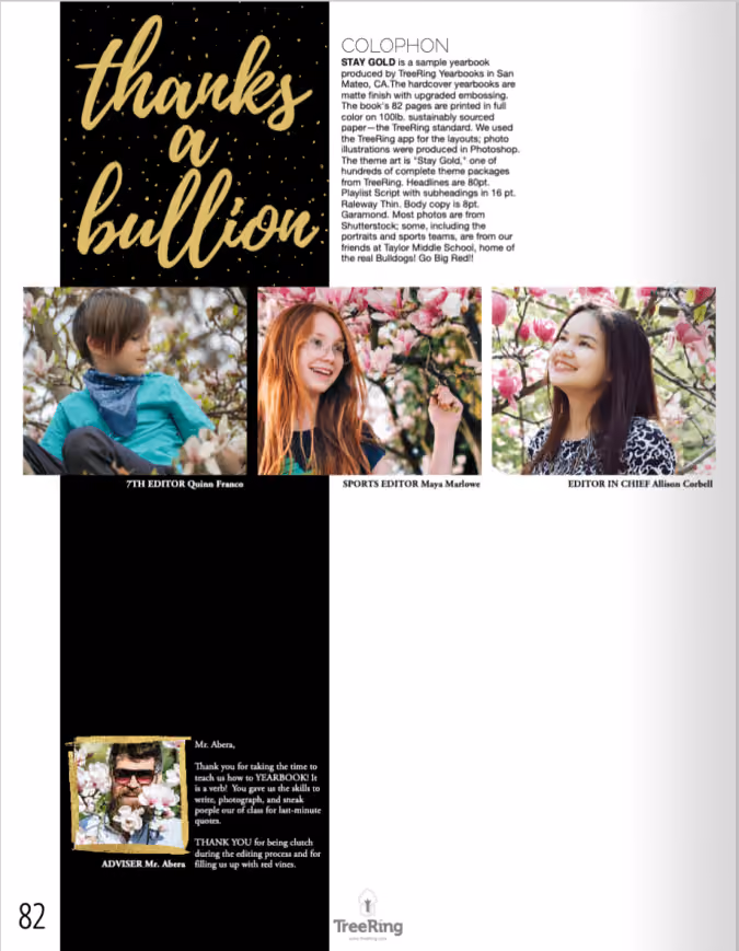 Yearbook colophon and staff listing for middle school yearbook