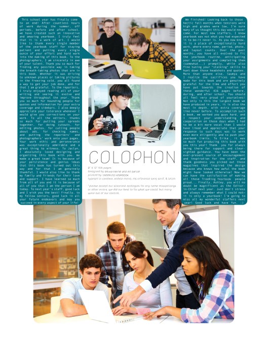 Colorful yearbook colophon with photos of the editors and their acknowledgements.