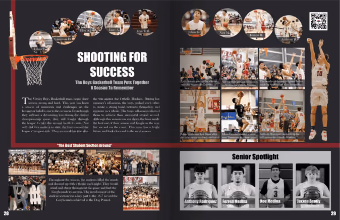 Two-page spread highlighting boys basketball season, game photos, and senior players Anthony, Ferrell, Noe, and Jaxson.