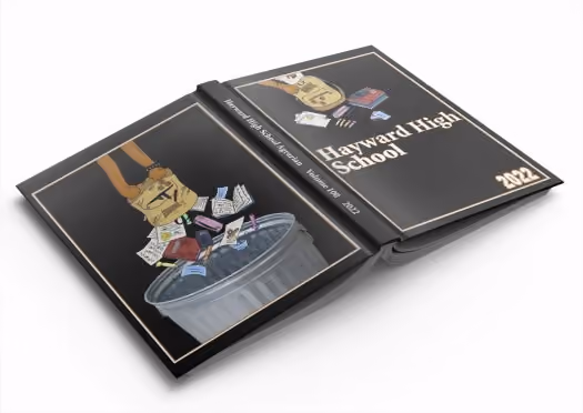 Hayward High School 2022 yearbook showing a cartoon of a backpack dumping papers into a trash can.