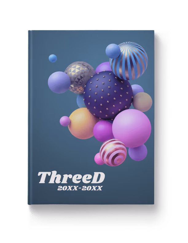 Book cover titled ThreeD 20XX-20XX with colorful 3D spheres of various patterns floating on blue background.