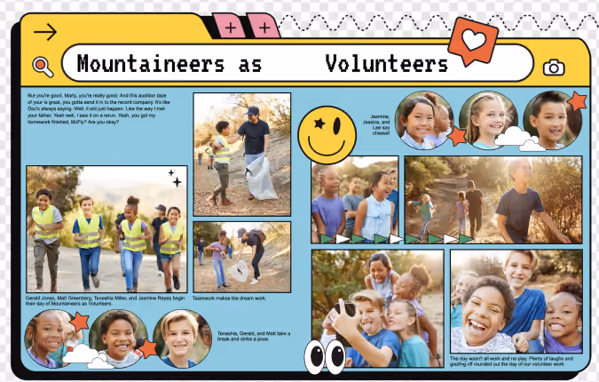 90s themes yearbook spread featuring Windows 95-looking module boxes, digital font, and icons