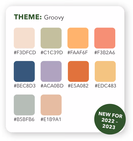 Color palette titled Groovy with twelve colors and hex codes arranged in three rows.