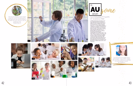 Students in white lab coats conduct experiments at a science fair with various science activities shown.