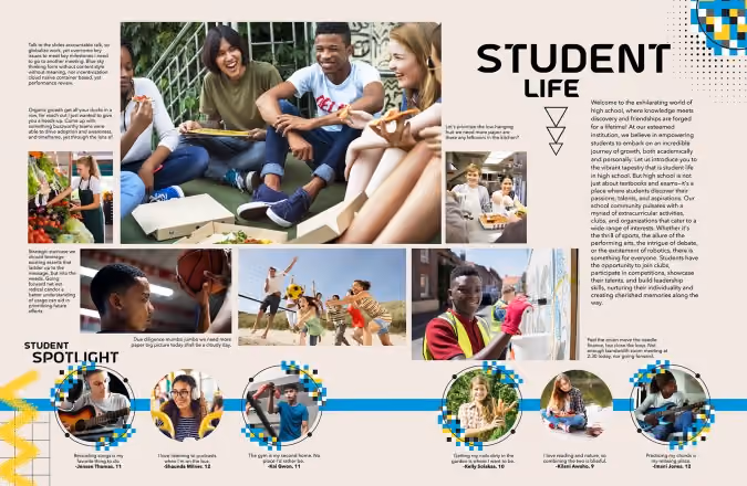 High school students engaged in activities like studying, sports, and art highlight student life and learning.
