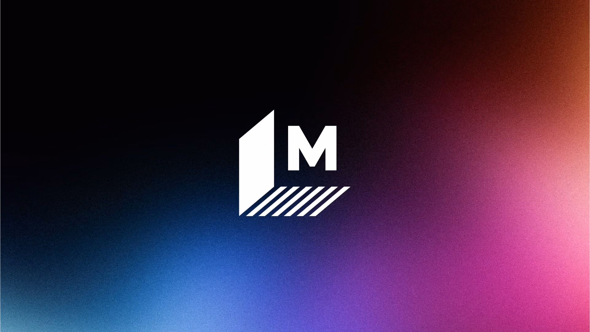 White geometric logo with letter M and striped shadow on a dark gradient background.