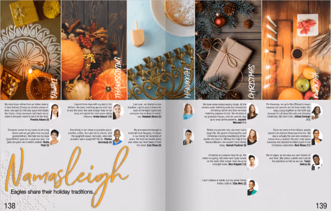 Yearbook spread featuring Diwali, Thanksgiving, Hanukkah, Christmas, and Kwanzaa memories from k-12 students