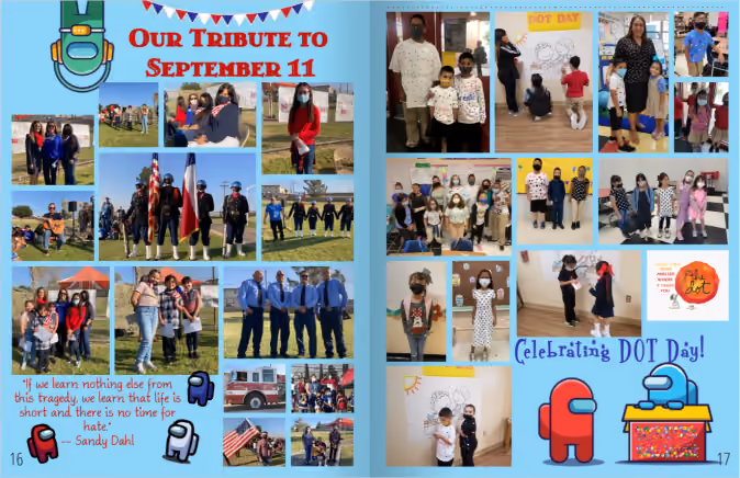 Winning elementary school yearbook spread for 2022 #TreeringMemoriesMatter design contest featuring 9/11 remembrance plus Dot Day.