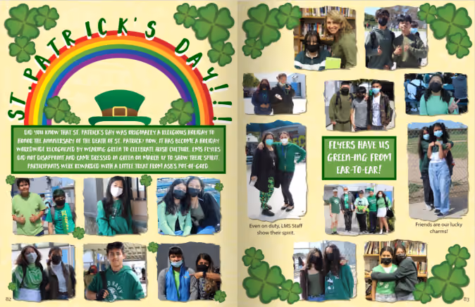 Middle school yearbook spread for 2022 #TreeringMemoriesMatter design contest on St. Patrick's Day