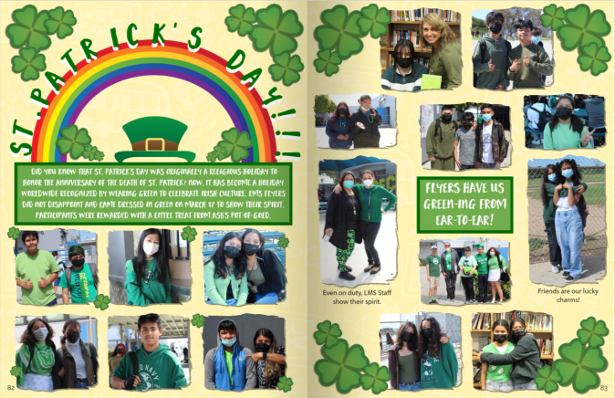 Middle school yearbook spread for 2022 #TreeringMemoriesMatter design contest on St. Patrick's Day