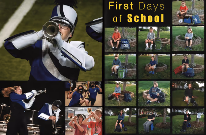 Yearbook Hero Paul Nisely's winning senior tribute with his sonp laying trumpet in the marching on the left facing page. On the right, Paul has a first day of school memory page 