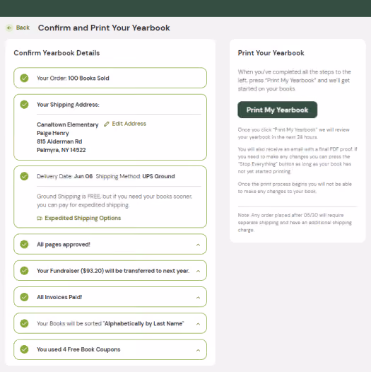 Yearbook order confirmation showing shipping details, order status, and a print my yearbook button.