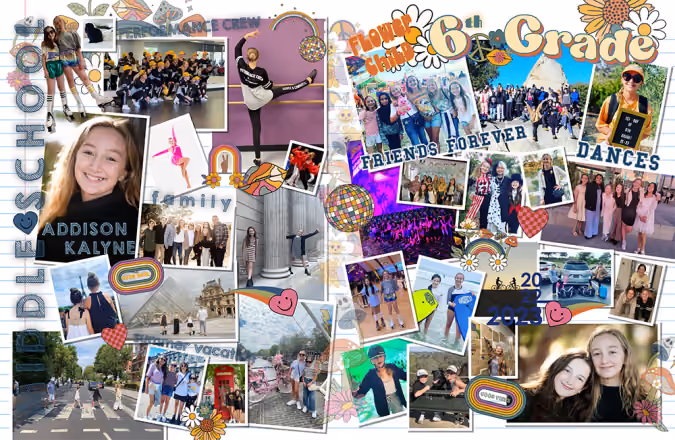 Collage of photos showing a girl named Addison Kalyn in dance, school, vacations, and friends in 6th grade.