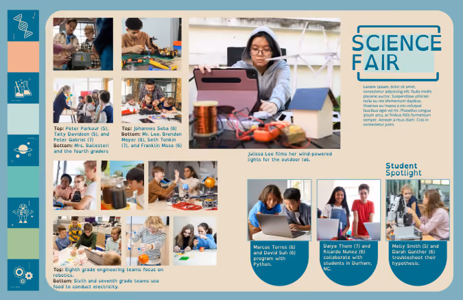 Students engaged in hands-on STEM activities for a science fair, including coding, robotics, and experiments.