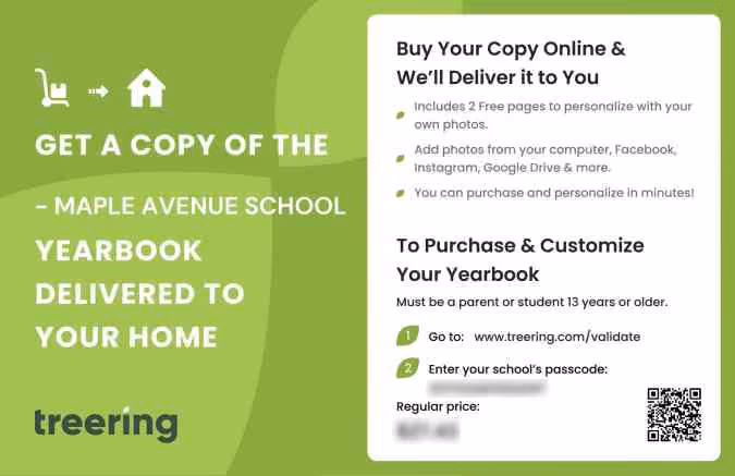 Green flyer promoting Maple Avenue School yearbook delivery with steps to buy and customize online.