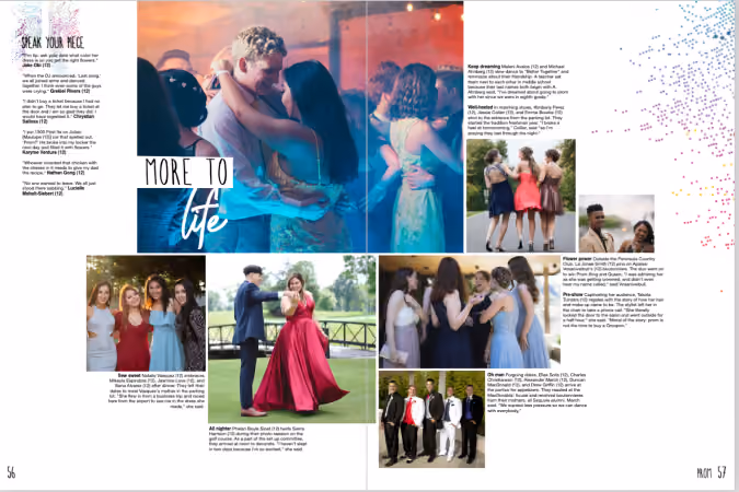 Prom layout for yearbook featuring students in formal attire