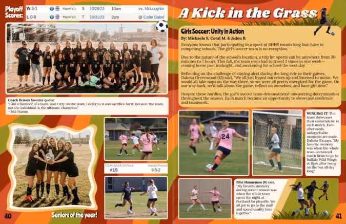 Girls soccer team photos, action shots, and text about team unity and determination.
