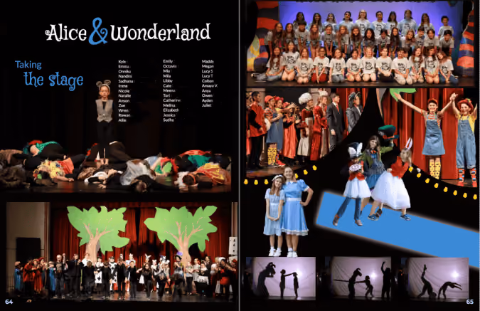 Collage of children performing scenes from Alice & Wonderland play on stage with costumes and props.