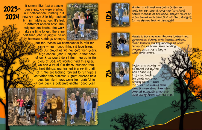 Family's 2023-2024 homeschool update with photos and descriptions of kids in 7th, 8th, and 10th grades.