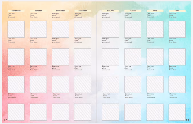 School year calendar template with months September to May and blank spaces for dates and events.