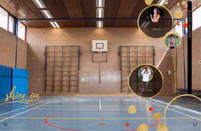 An empty gym covers both pages of this divider spread. It also has the stories of three athletes in the top layer.