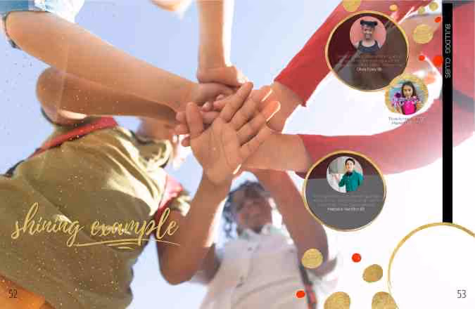 Yearbook divider page with three quotes from club leaders over a large photo. The large photo is of six students with their hands in the middle of a huddle before a community service project.