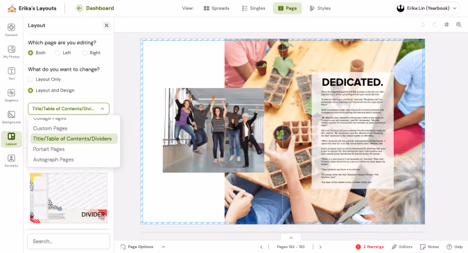 Yearbook editing software shows a layout with a group photo and text block titled 'DEDICATED.'