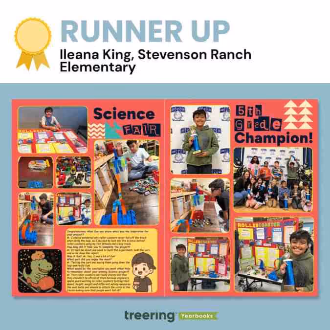 Runner up poster showing 5th grade science fair champion with project photos and blue ribbon.