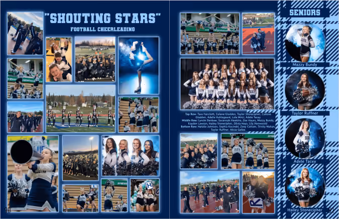 Collage of football cheerleading team photos, including group shots, action, and senior portraits.