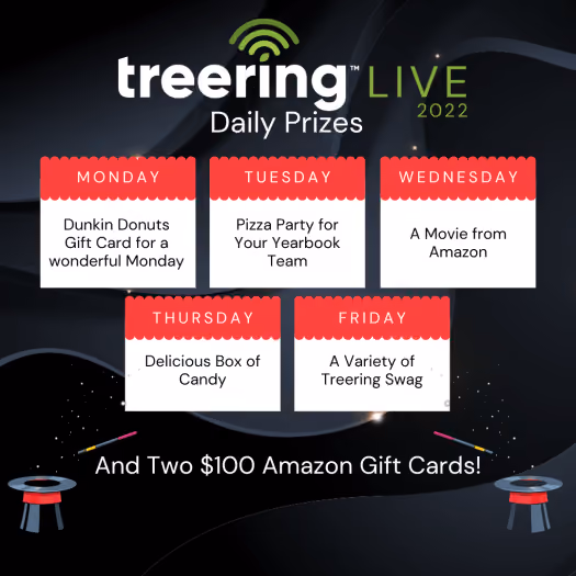 Treering Live 2022 daily prizes including gift cards, pizza, movie, candy, swag, and $100 Amazon cards.