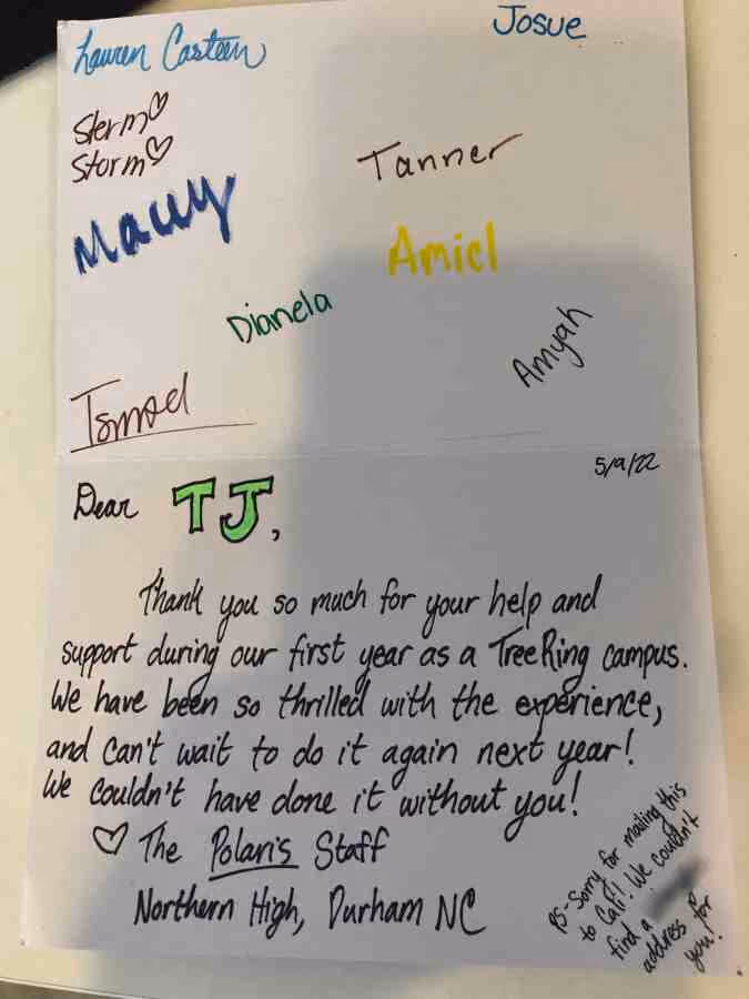 Thank you card signed by staff with colorful names and a message of gratitude to TJ from Polaris Staff.