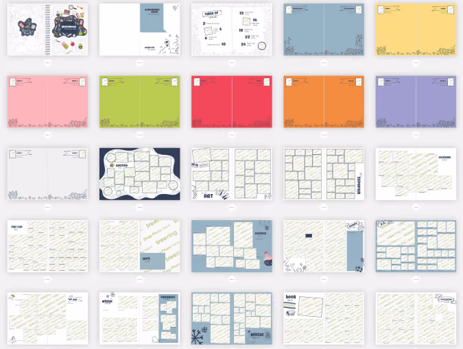25 layouts with muted colors and sketchbook-inspired doodles