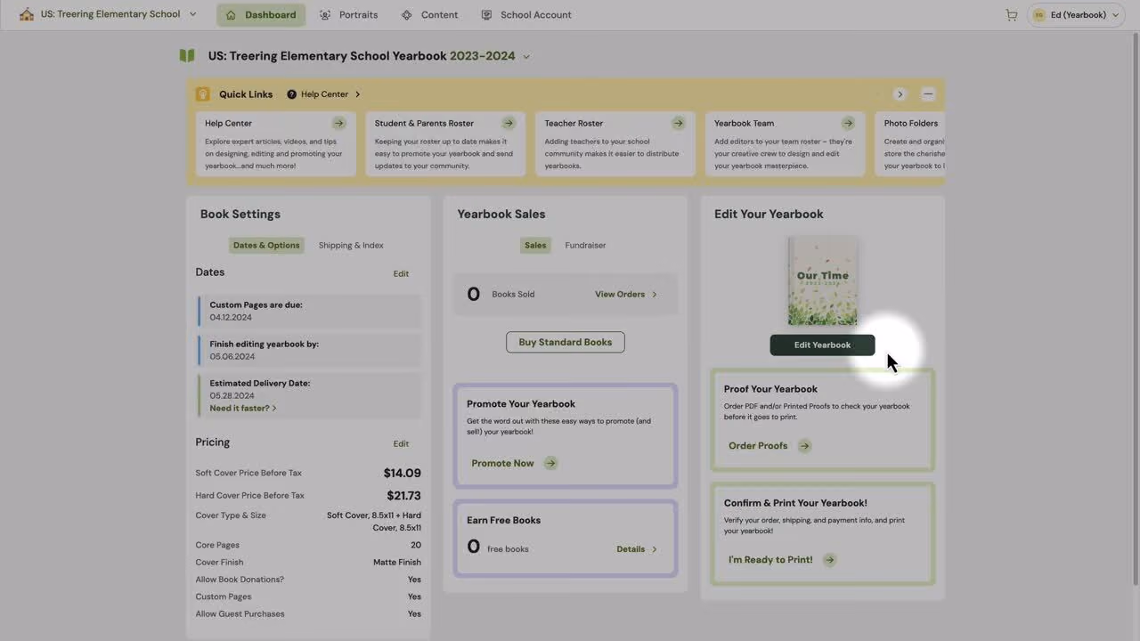 Dashboard screen for Treering Elementary School Yearbook with sections for sales, book settings, and editing options.