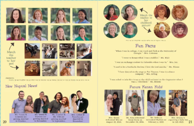 Two-page spread with teacher photos, pet matching game, fun facts, and future Kenan kids announcements.