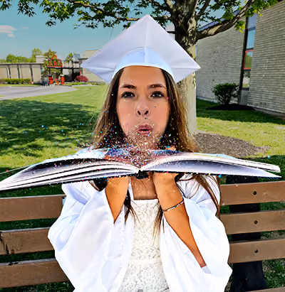 Female senior blowing glitter from the margin of her yearbook