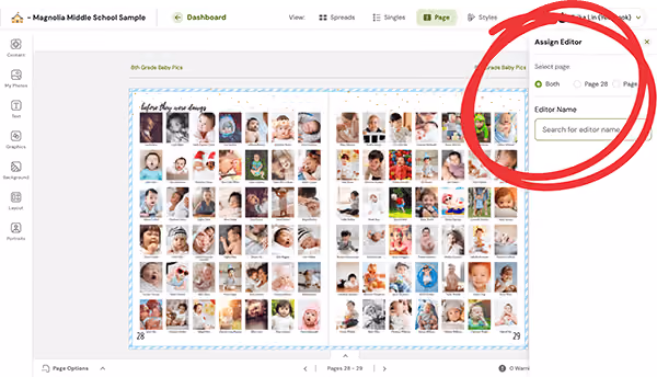 Dashboard screen showing baby pictures layout with an Assign Editor panel open on the right side.